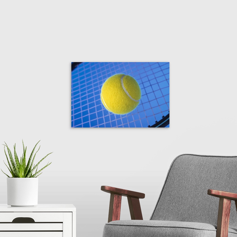 A modern room featuring Tennis ball on racquet