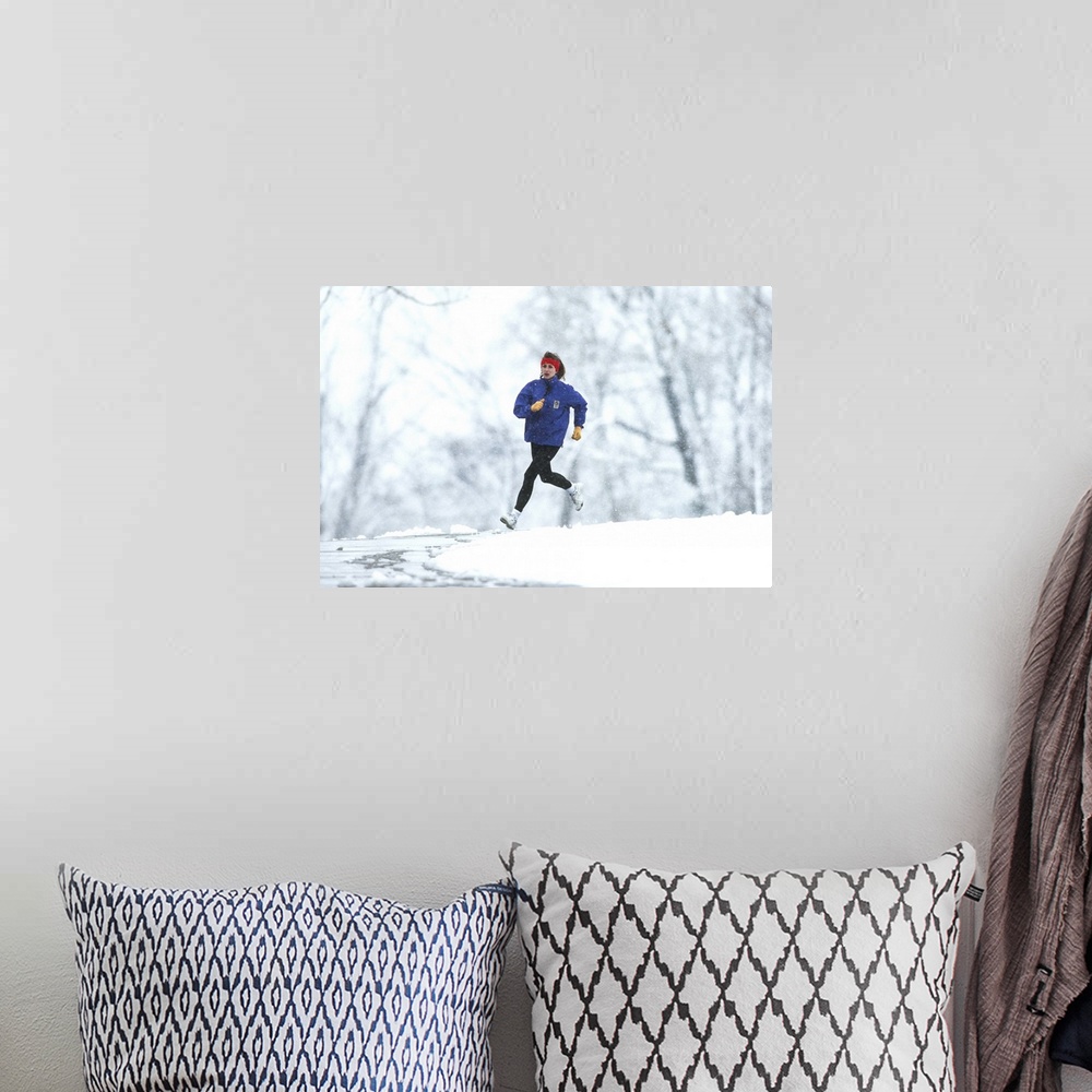 A bohemian room featuring Woman running outdoors in snowy weather