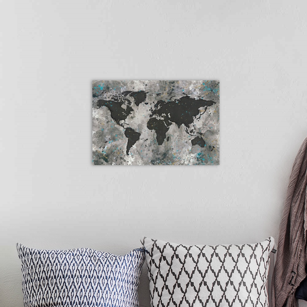 A bohemian room featuring Black and white world map with small pops of turquoise blue, with a textured, weathered effect.