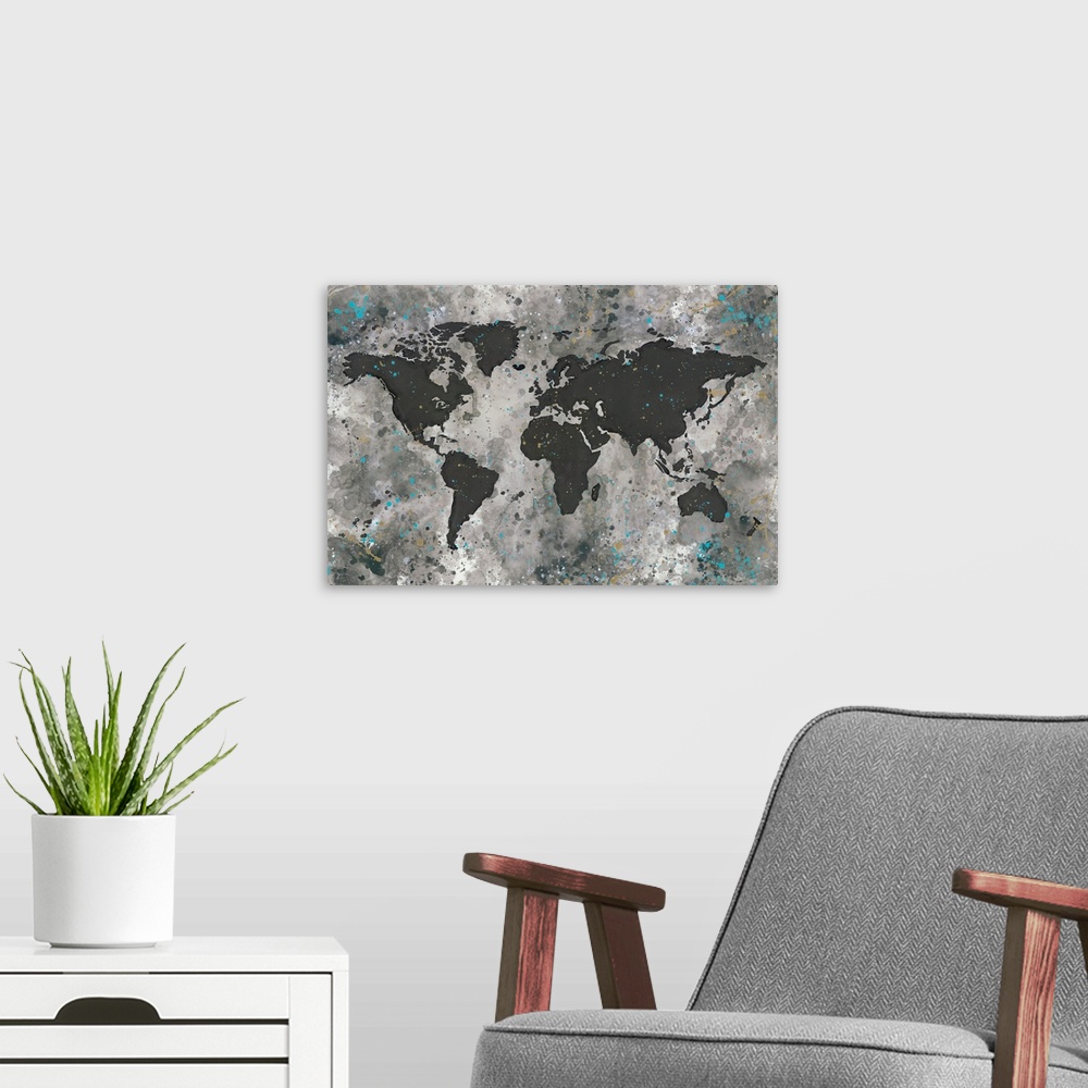 A modern room featuring Black and white world map with small pops of turquoise blue, with a textured, weathered effect.