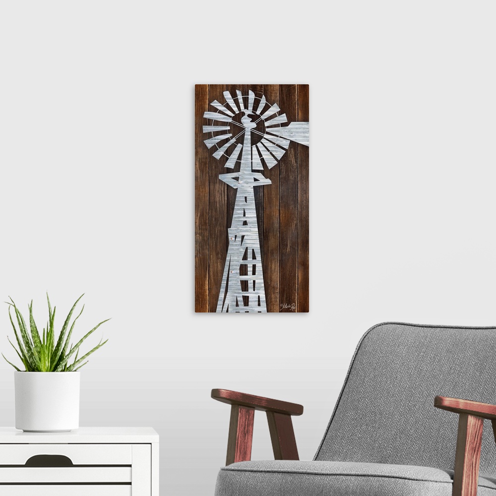 A modern room featuring A metal windmill design against a wood plank wall.