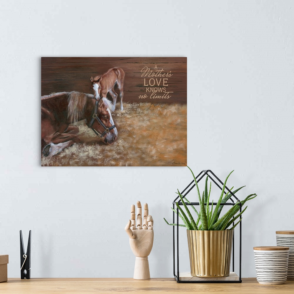 A bohemian room featuring Painting of a mare and her young foal nuzzling in a stable.