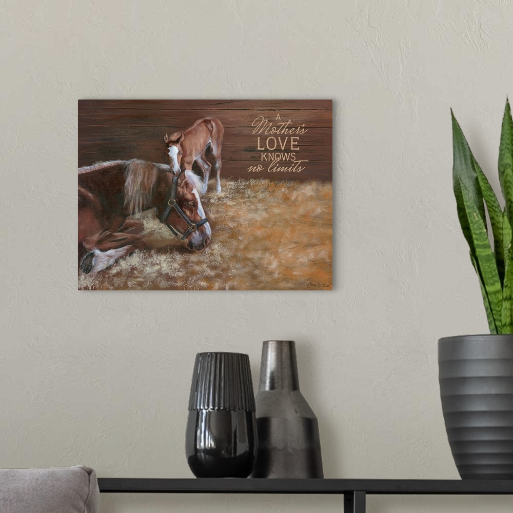 A modern room featuring Painting of a mare and her young foal nuzzling in a stable.