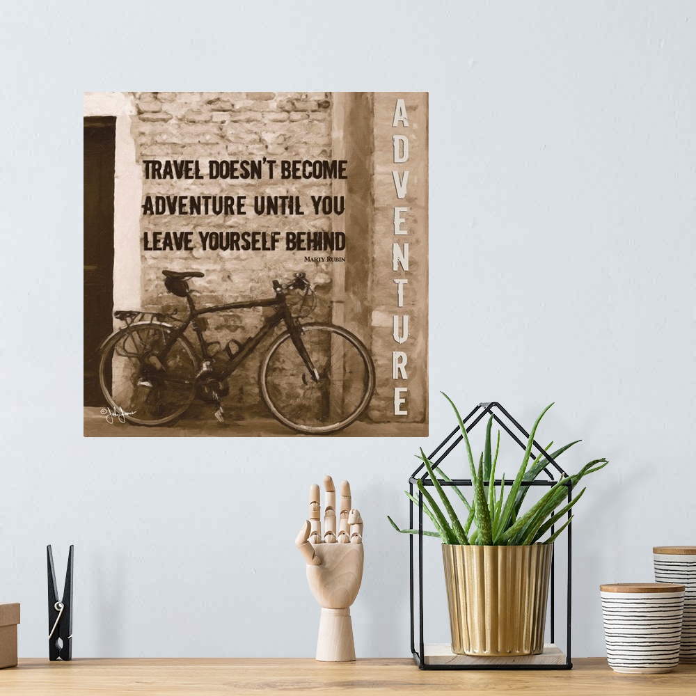 A bohemian room featuring Inspirational text against a sepia toned photograph of a bicycle leaning against a wall.