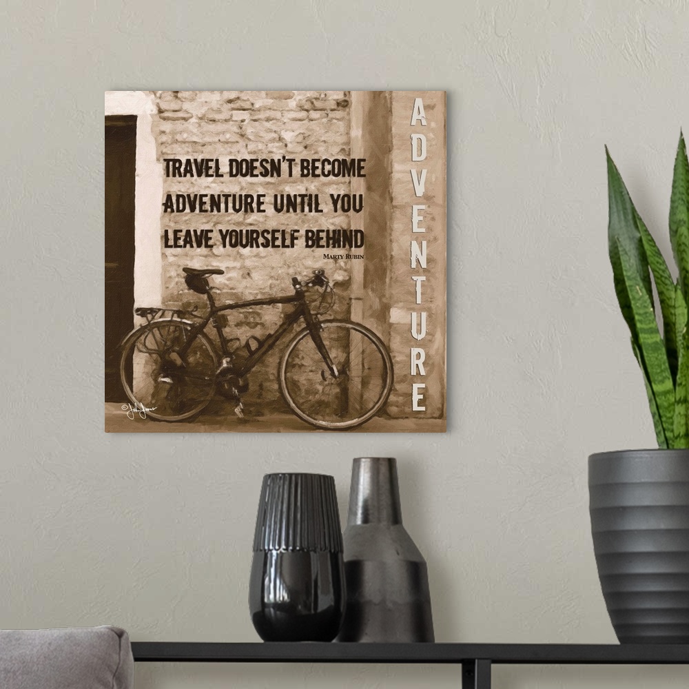 A modern room featuring Inspirational text against a sepia toned photograph of a bicycle leaning against a wall.