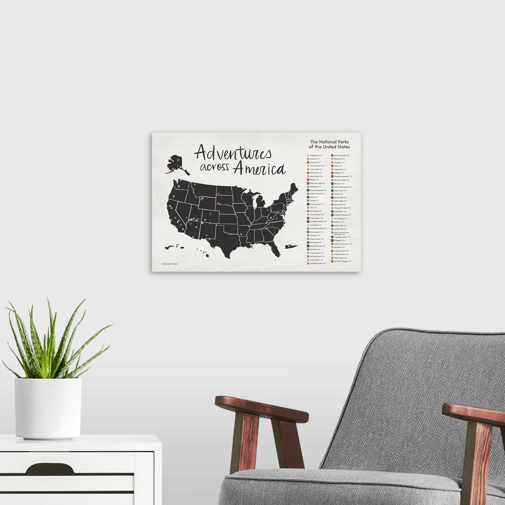 A modern room featuring Adventures Across America