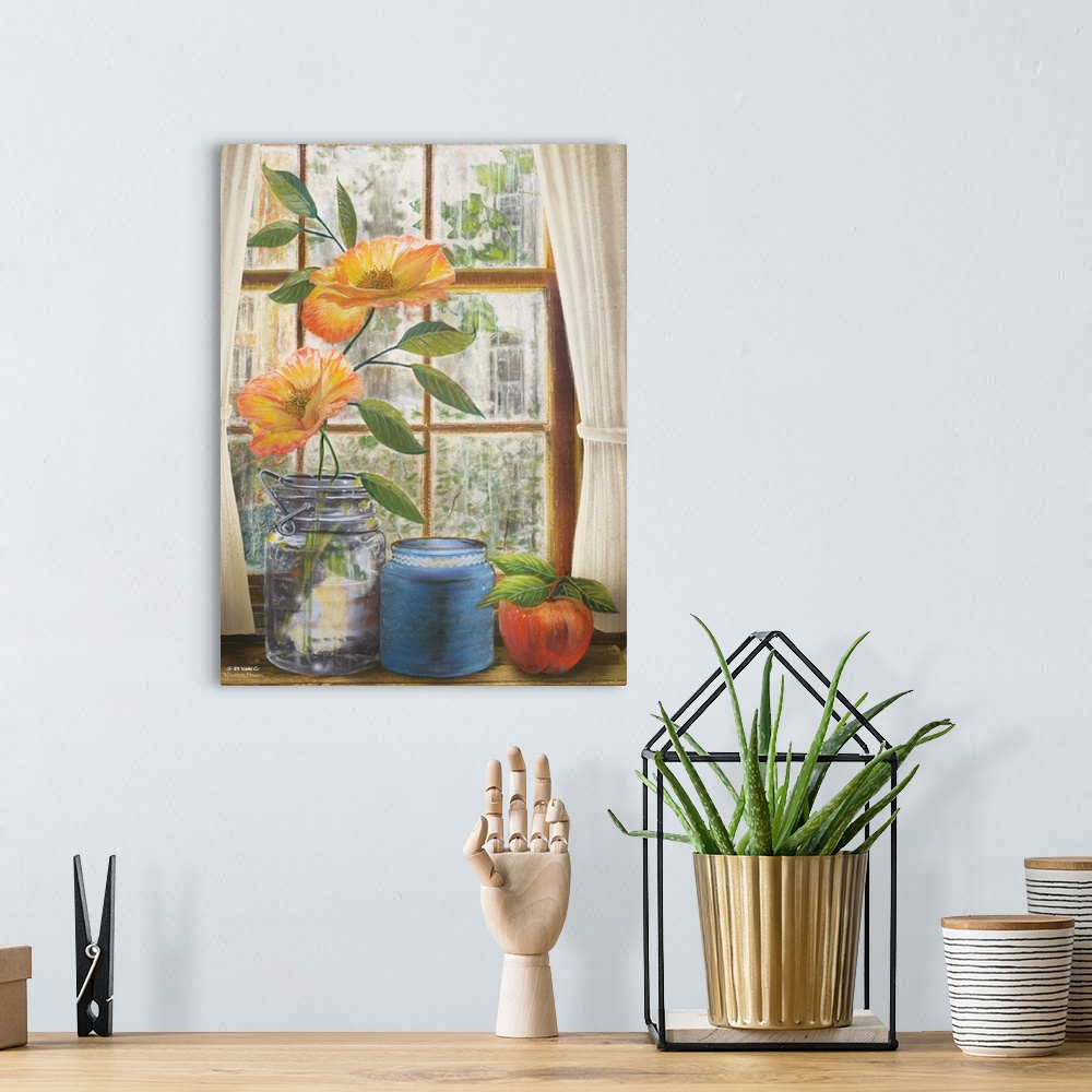 A bohemian room featuring Artwork of flowers in a glass vase sitting in front a window.