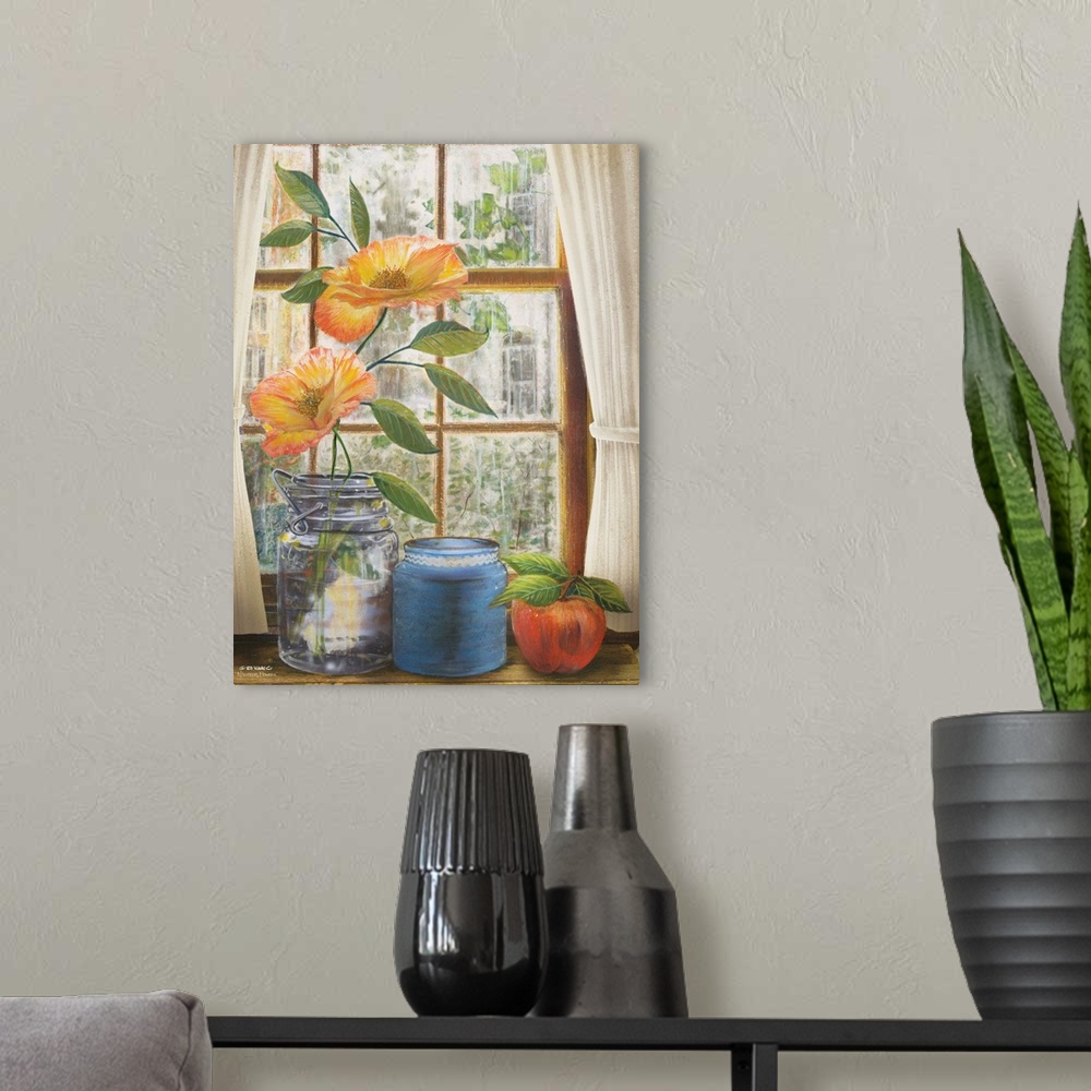 A modern room featuring Artwork of flowers in a glass vase sitting in front a window.