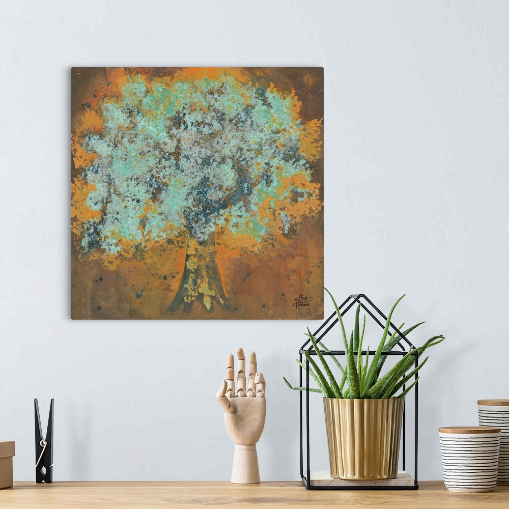 A bohemian room featuring Vintage style artwork of a tree in copper shades with pale green leaves.