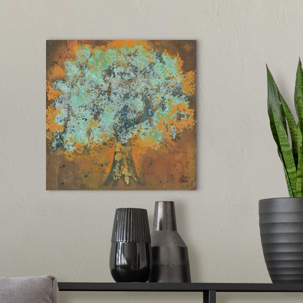 A modern room featuring Vintage style artwork of a tree in copper shades with pale green leaves.