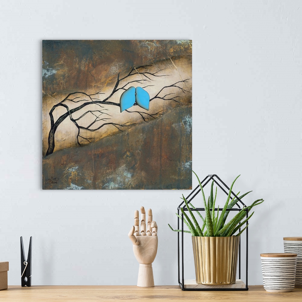 A bohemian room featuring Contemporary artwork of two blue birds nestled together on a branch.