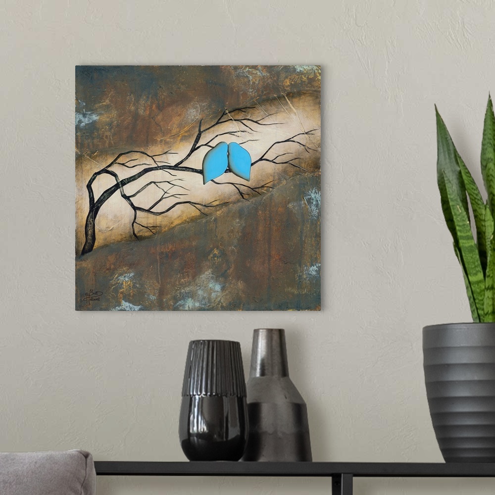 A modern room featuring Contemporary artwork of two blue birds nestled together on a branch.