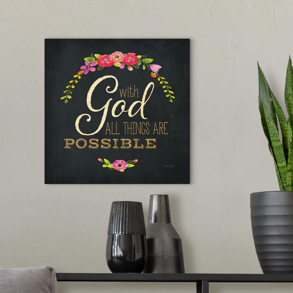 A modern room featuring Inspirational religious sentiment embellished with a floral wreath motif.