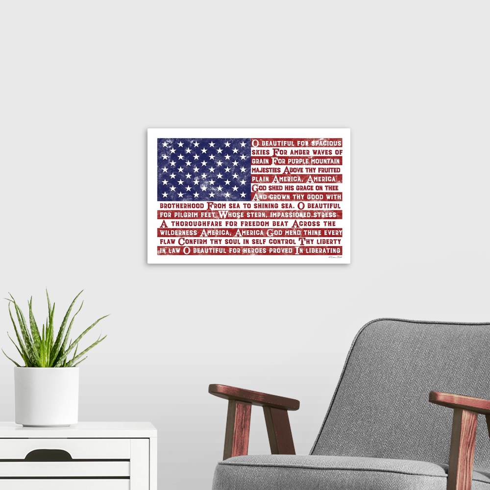 A modern room featuring America The Beautiful Flag