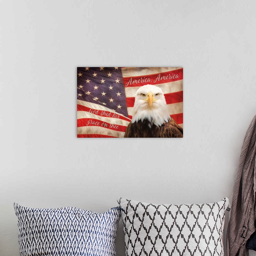 A bohemian room featuring American Eagle Flag
