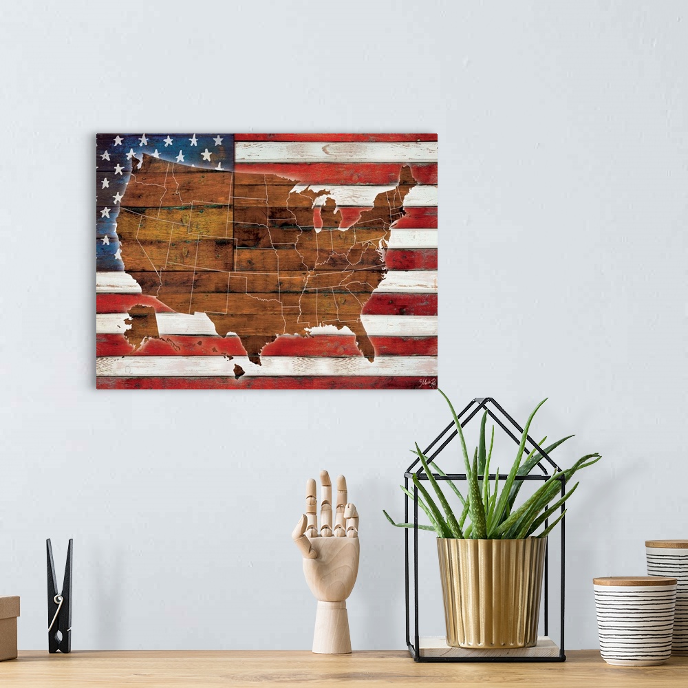 A bohemian room featuring A map of the United States in wood on an American Flag.