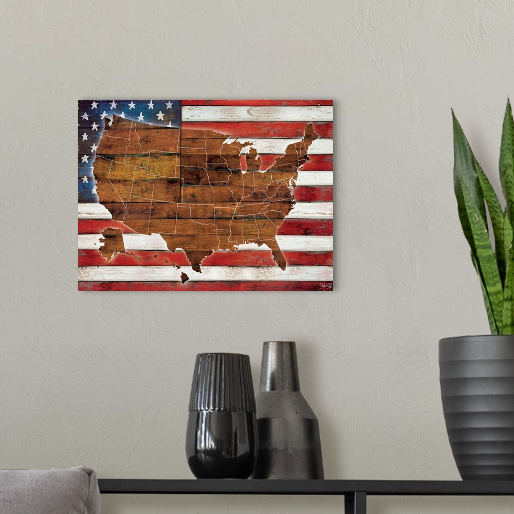 A modern room featuring A map of the United States in wood on an American Flag.