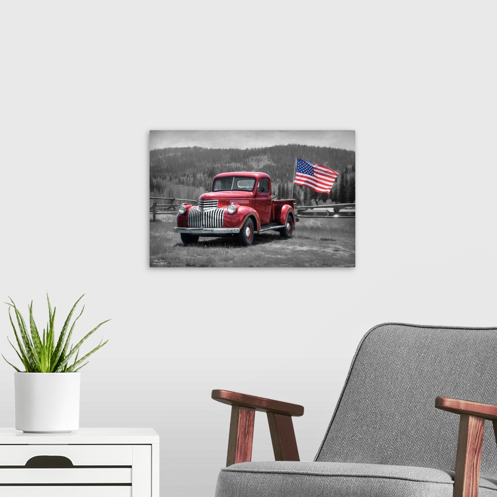 A modern room featuring A vintage red truck with an American Flag in a field in the countryside.
