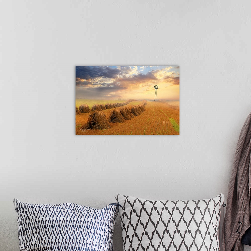 A bohemian room featuring Photograph of an Amish countryside sunrise with the title, Amish Country Sunrise, in the bottom l...