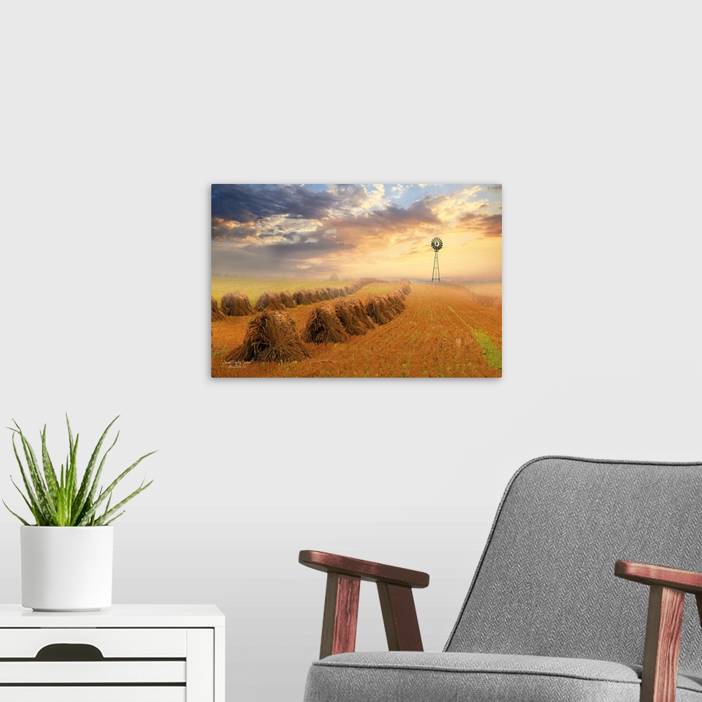 A modern room featuring Photograph of an Amish countryside sunrise with the title, Amish Country Sunrise, in the bottom l...
