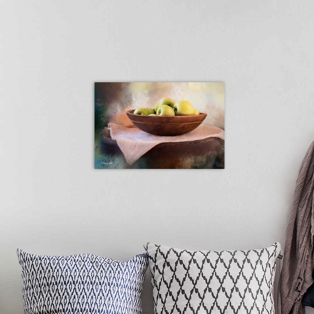 A bohemian room featuring Decorative artwork of a still-life image of a bowl of apples.