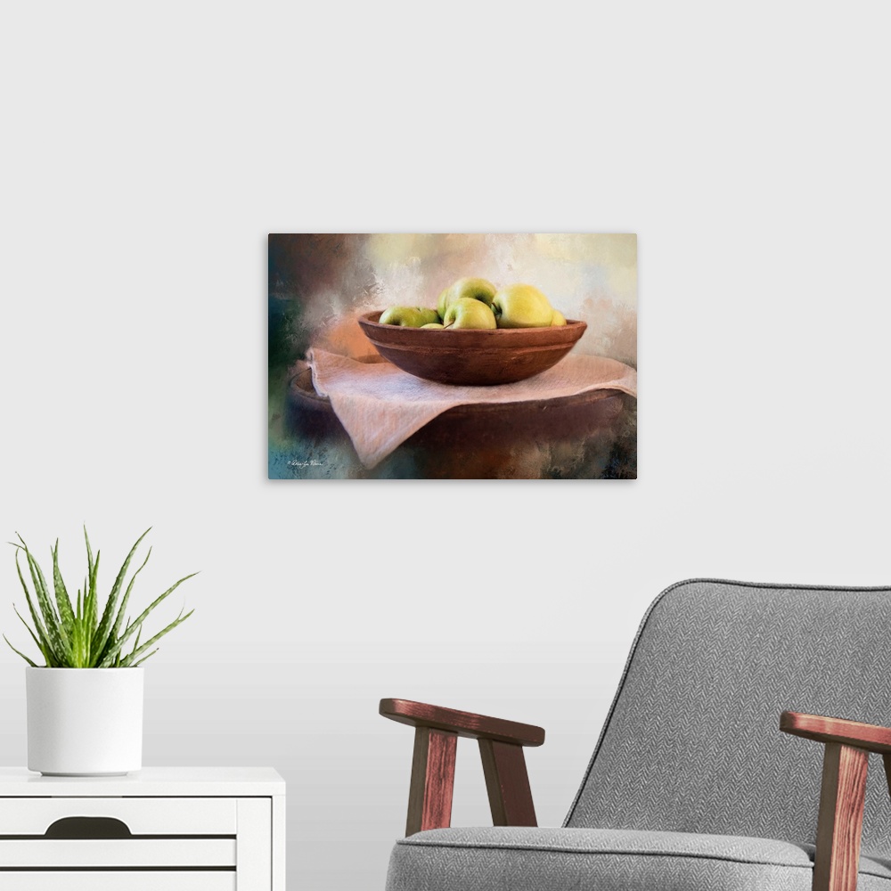 A modern room featuring Decorative artwork of a still-life image of a bowl of apples.