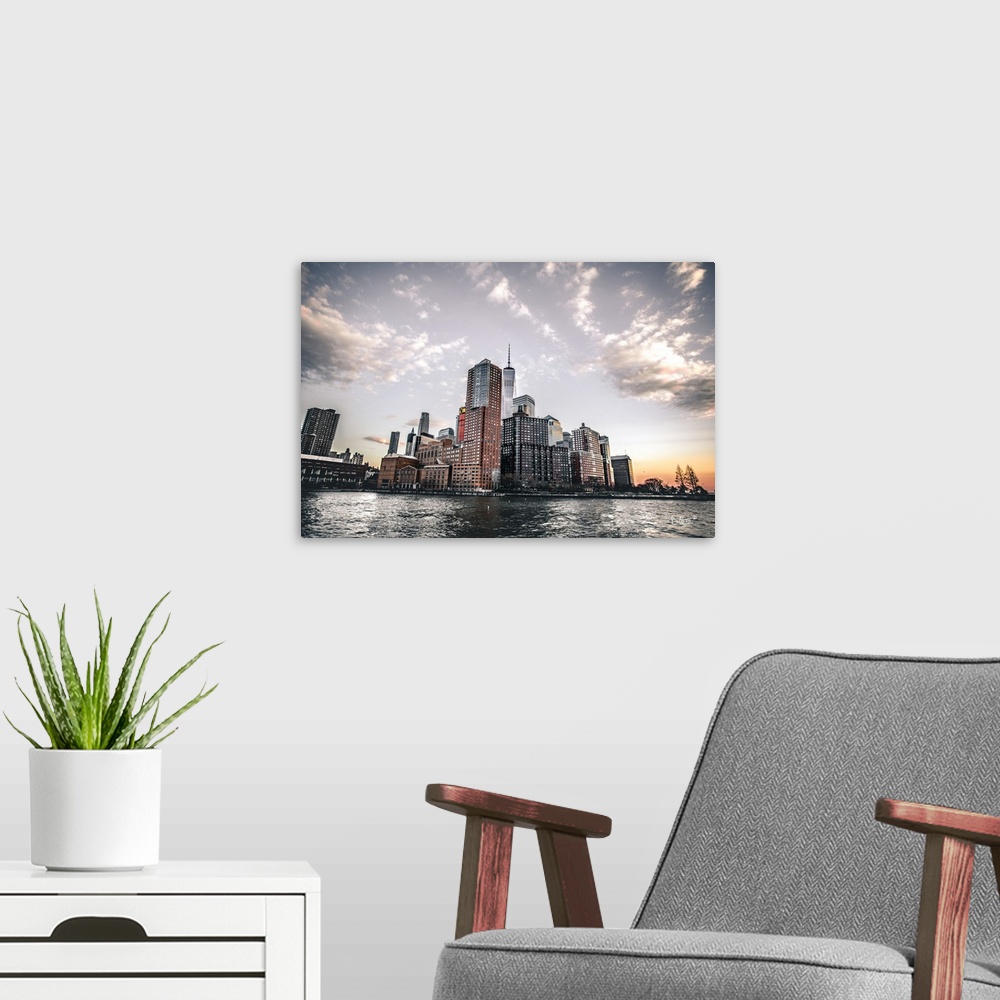 A modern room featuring Photograph of a city landscape.