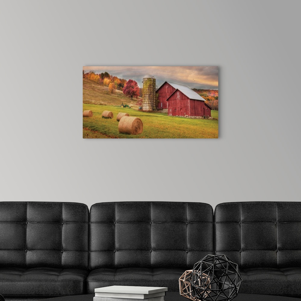 A modern room featuring Photograph of a red barn in rural countryside scene.