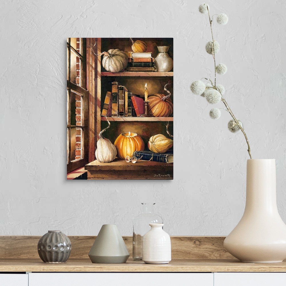 A farmhouse room featuring Contemporary autumn harvest themed painting.