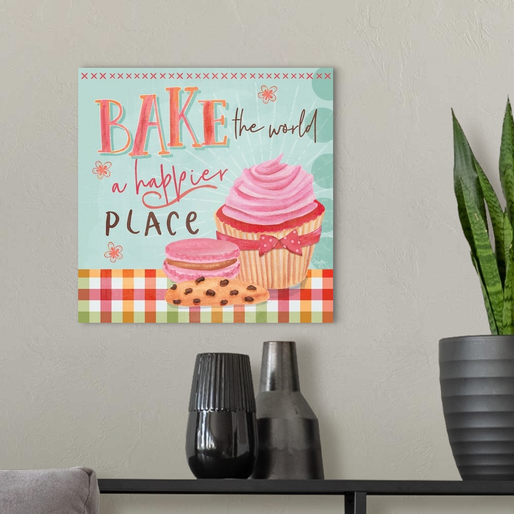 A modern room featuring Bake the World a Happier Place