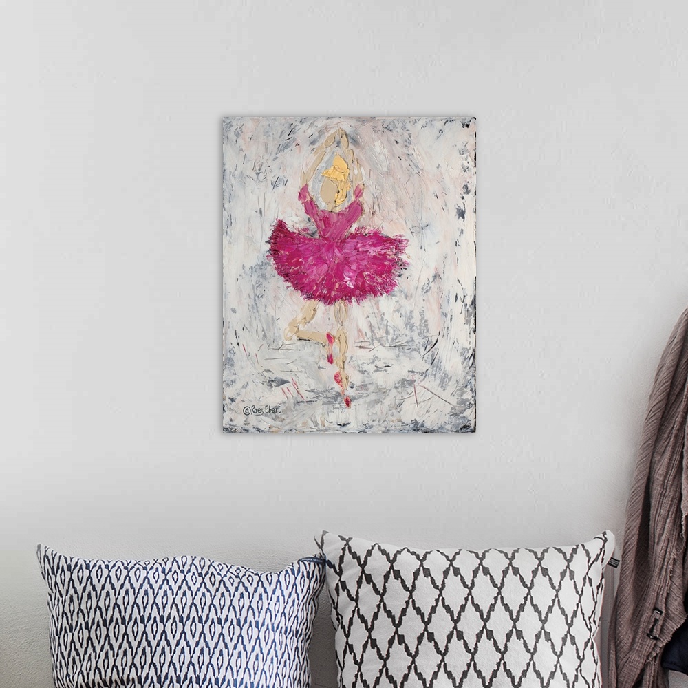 A bohemian room featuring Vertical abstract of a ballerina in pink artfully done in bold brush strokes.