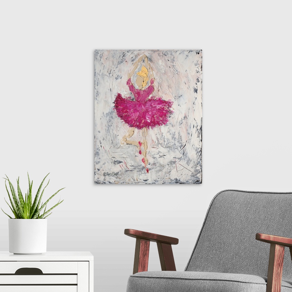 A modern room featuring Vertical abstract of a ballerina in pink artfully done in bold brush strokes.