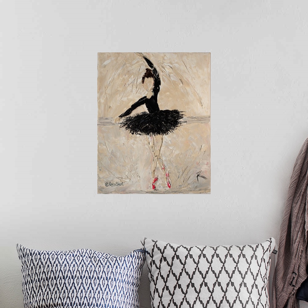A bohemian room featuring Vertical abstract of a ballerina in black artfully done in bold brush strokes.