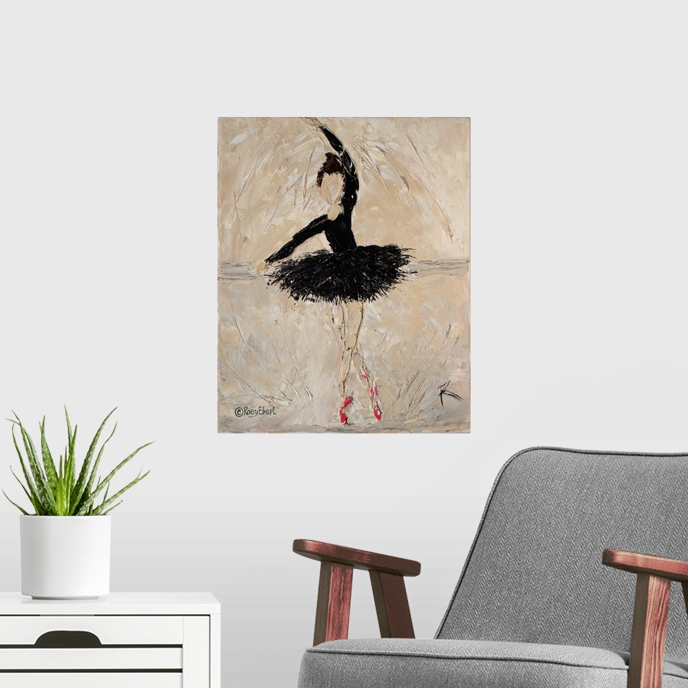 A modern room featuring Vertical abstract of a ballerina in black artfully done in bold brush strokes.