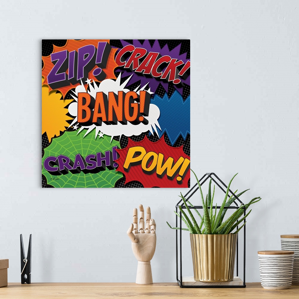 A bohemian room featuring Comic book style action sound effects in bright colors and designs.