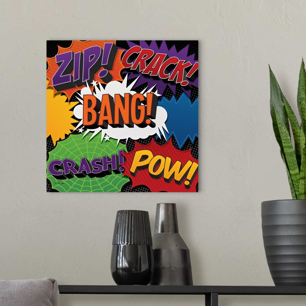 A modern room featuring Comic book style action sound effects in bright colors and designs.