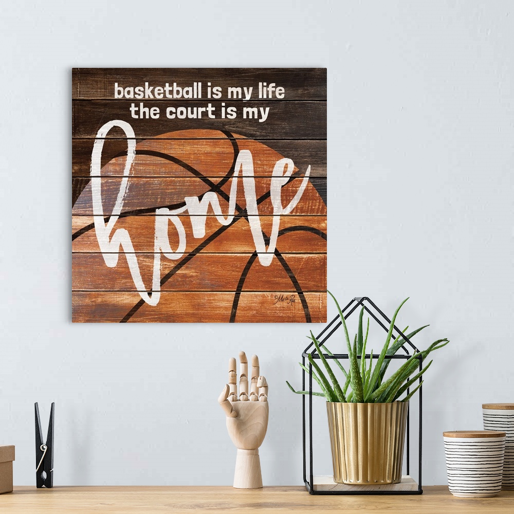 A bohemian room featuring Basketball themed typography art on a wooden board background.