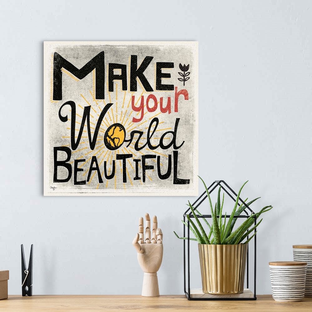A bohemian room featuring Typography art of a loving sentiment in a fun and bold text.