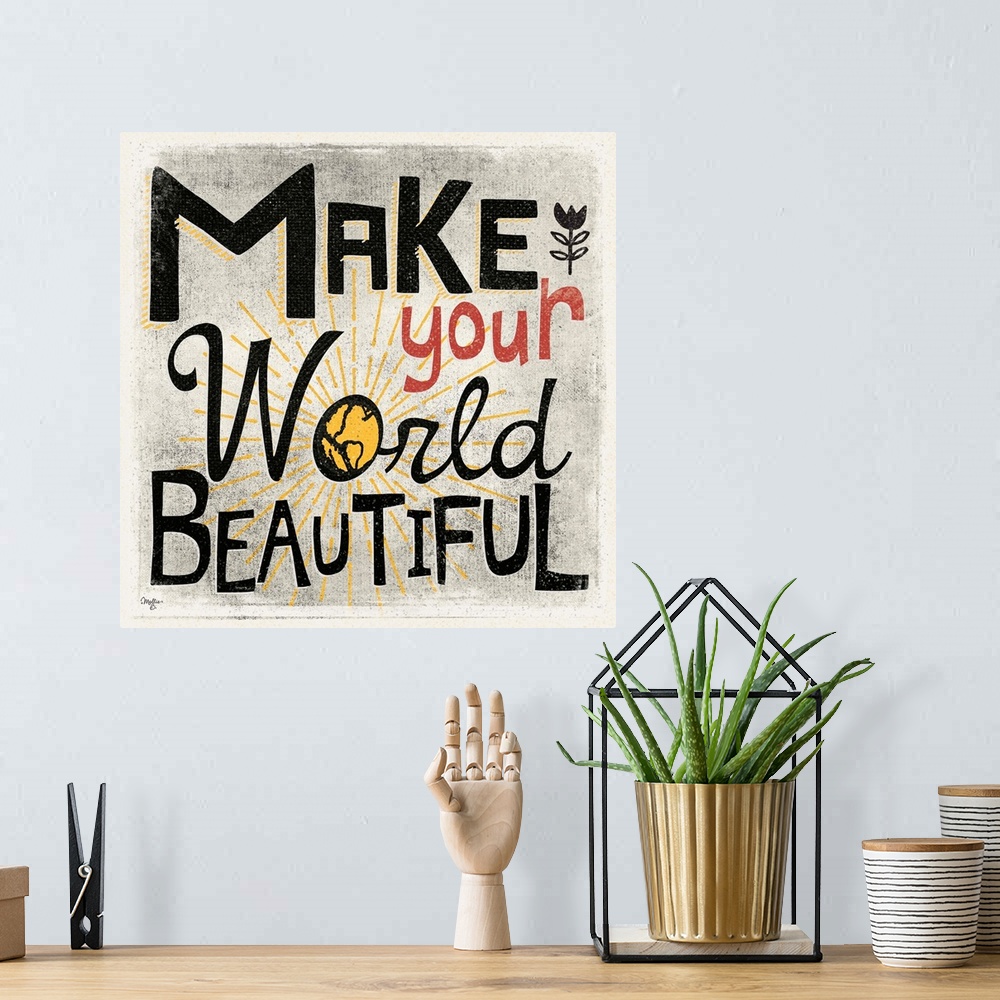 A bohemian room featuring Typography art of a loving sentiment in a fun and bold text.