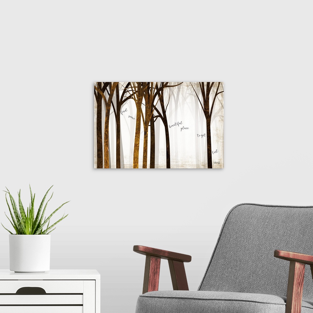A modern room featuring Artwork of a bright forest with tall, slender trees and script text.