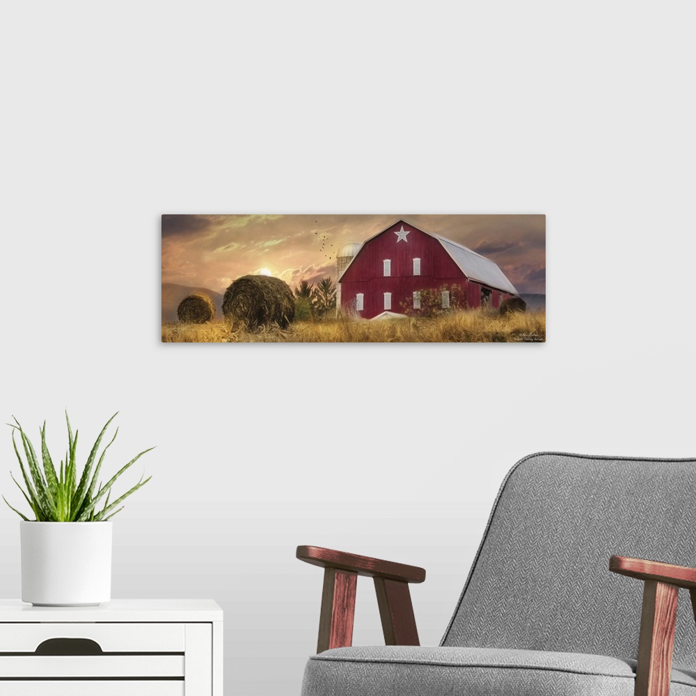 A modern room featuring A large red barn in the countryside at sunset.