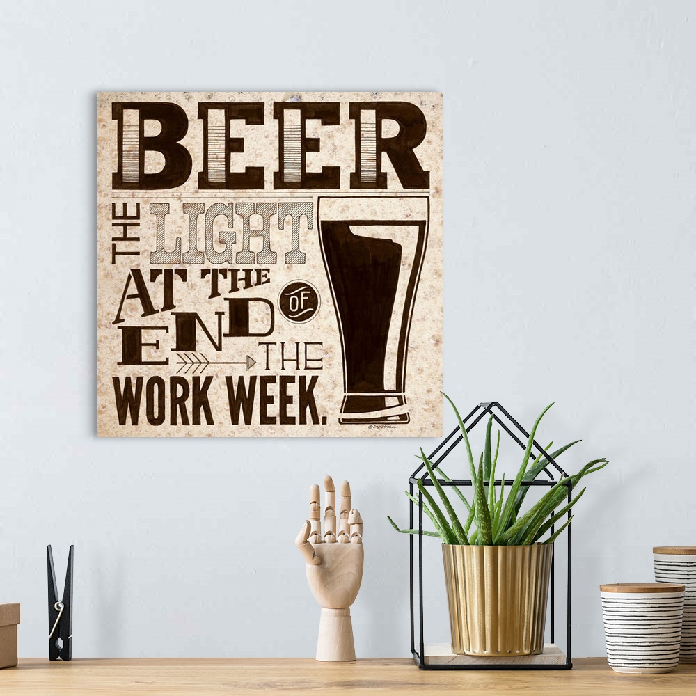 A bohemian room featuring Beer themed typography home decor art.