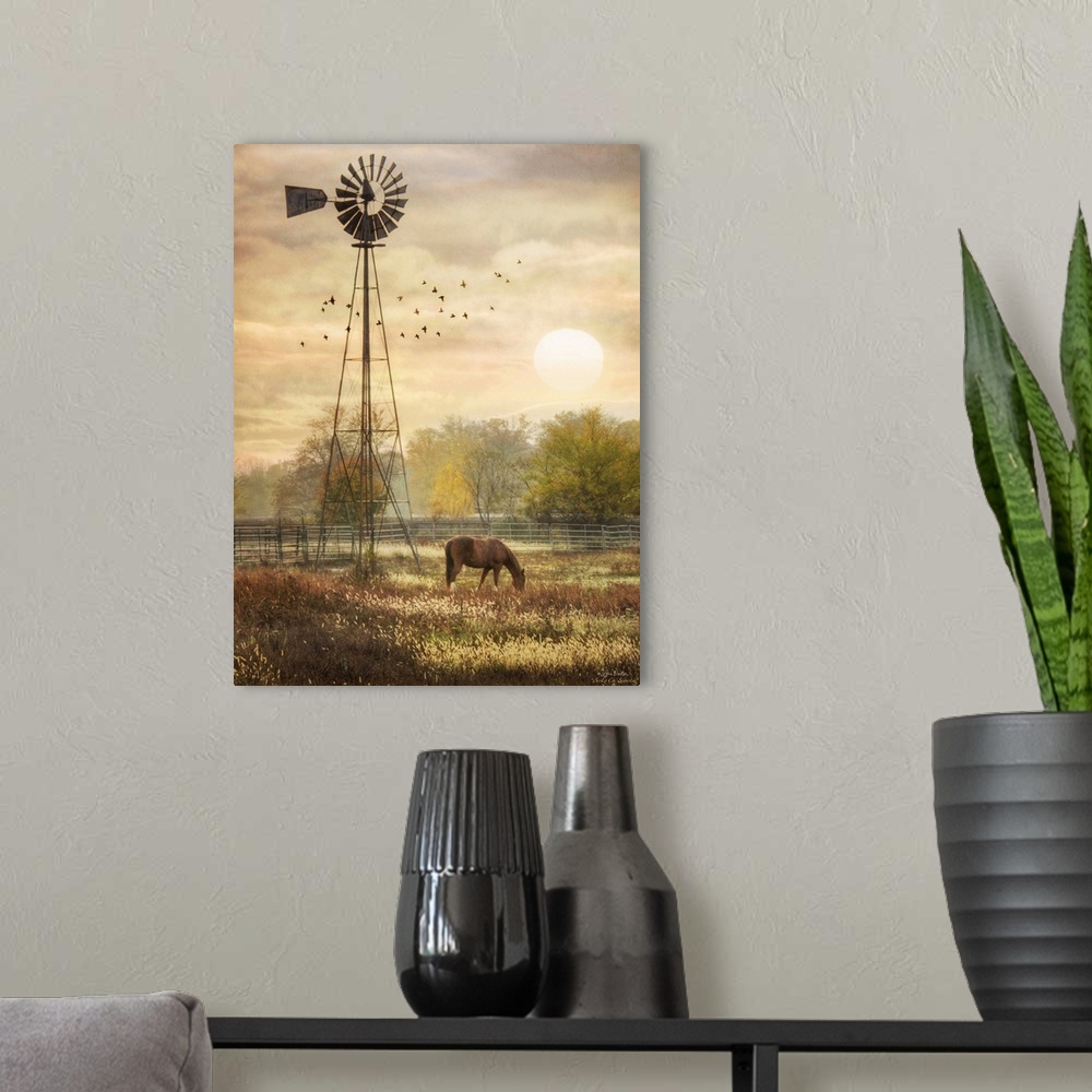 A modern room featuring Horse grazing in a field beside a windmill at sunrise.