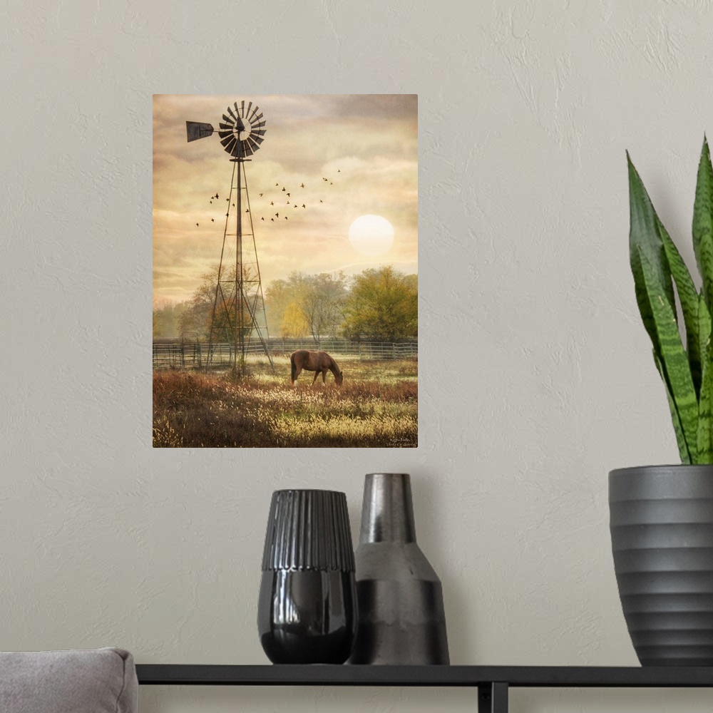 A modern room featuring Horse grazing in a field beside a windmill at sunrise.