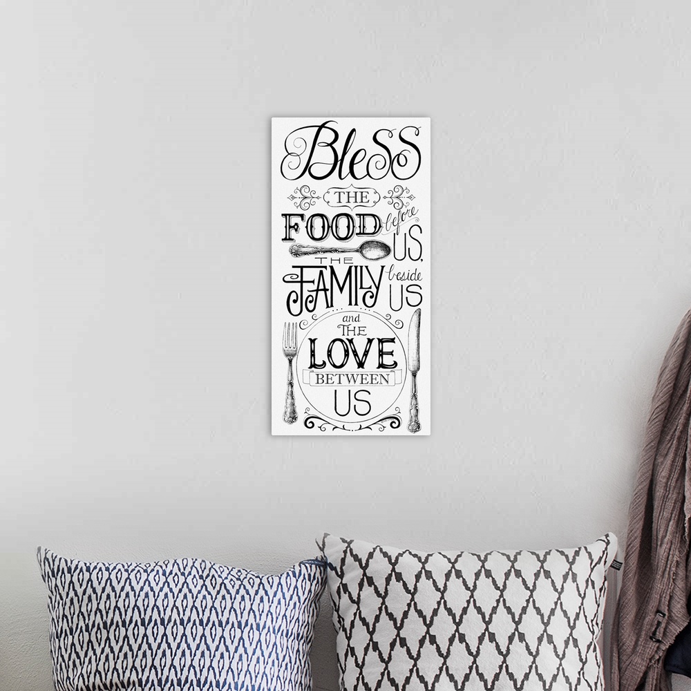 A bohemian room featuring Hand-lettered modern calligraphy artwork, blessing food, family, and love, with a cutlery theme.