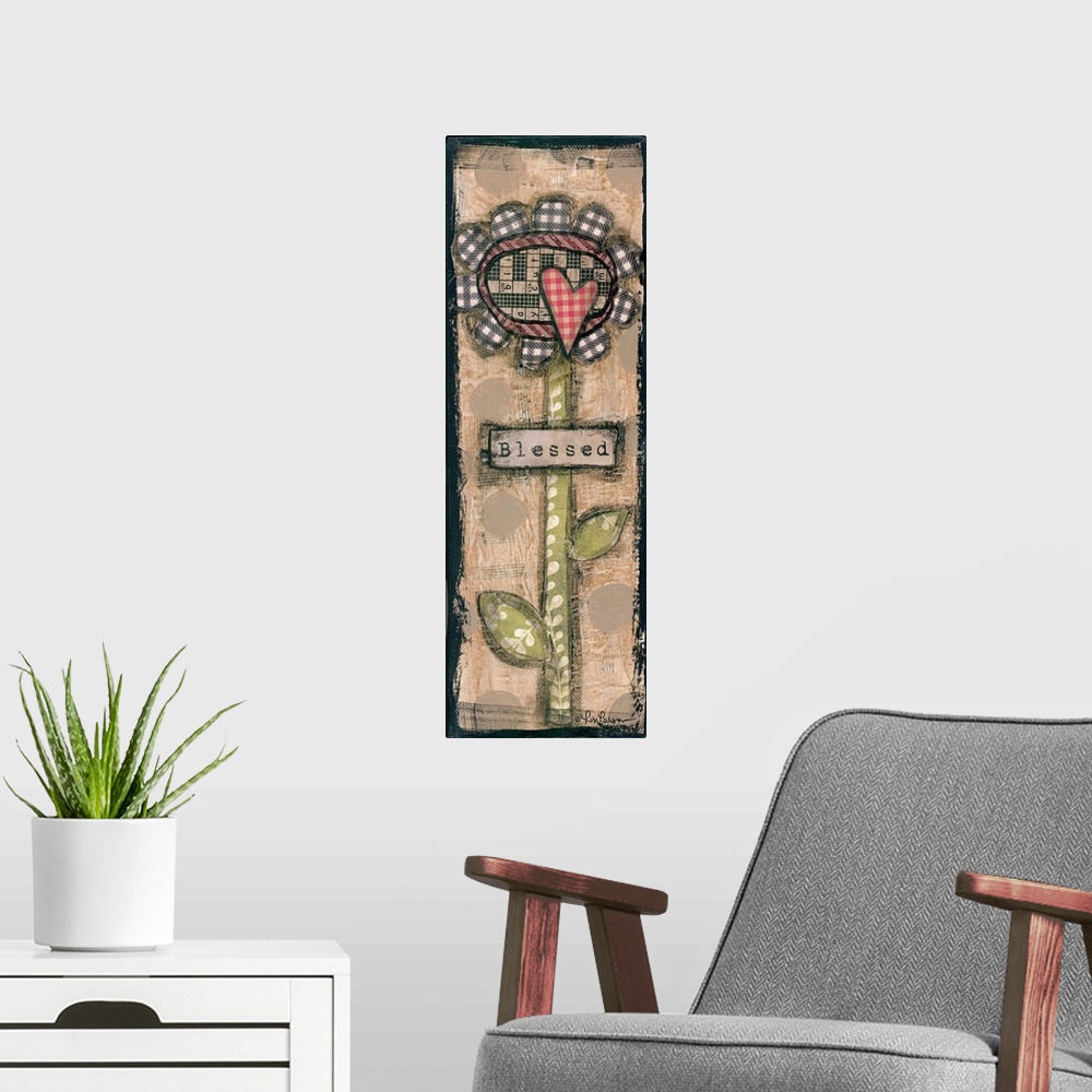 A modern room featuring Flower made from different patches of cloth against a weathered background.