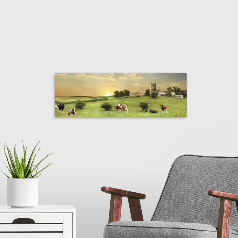 A modern room featuring Photograph of a farm landscape featuring cows and the sun rising in the background.
