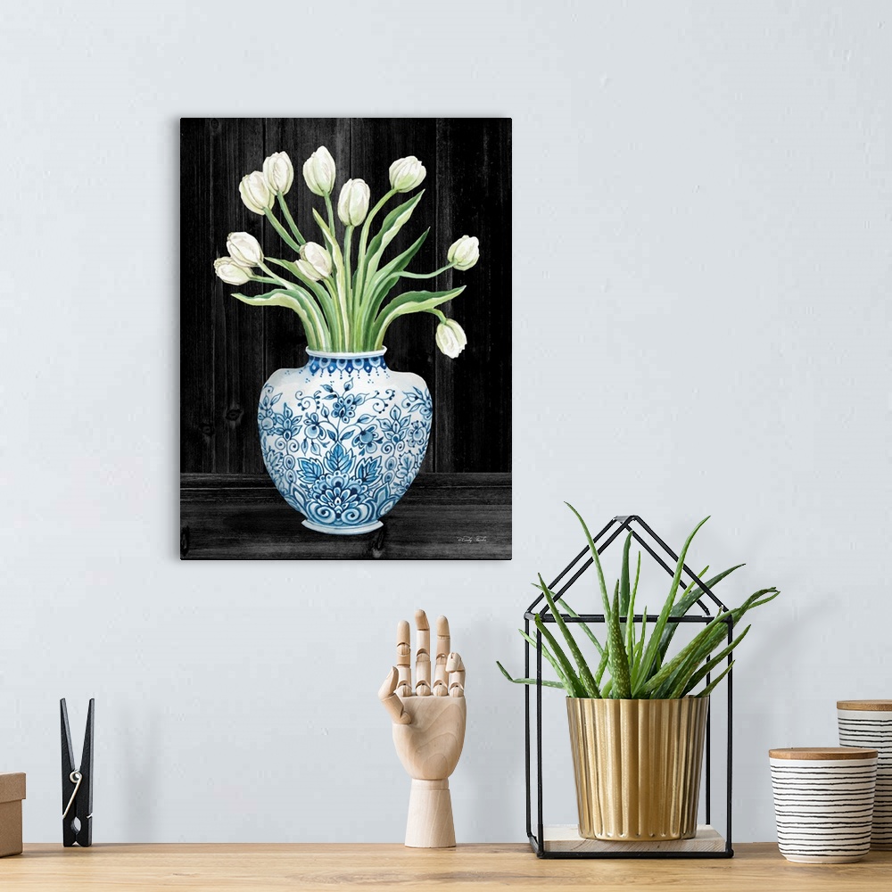 A bohemian room featuring Blue and White Tulips Black I