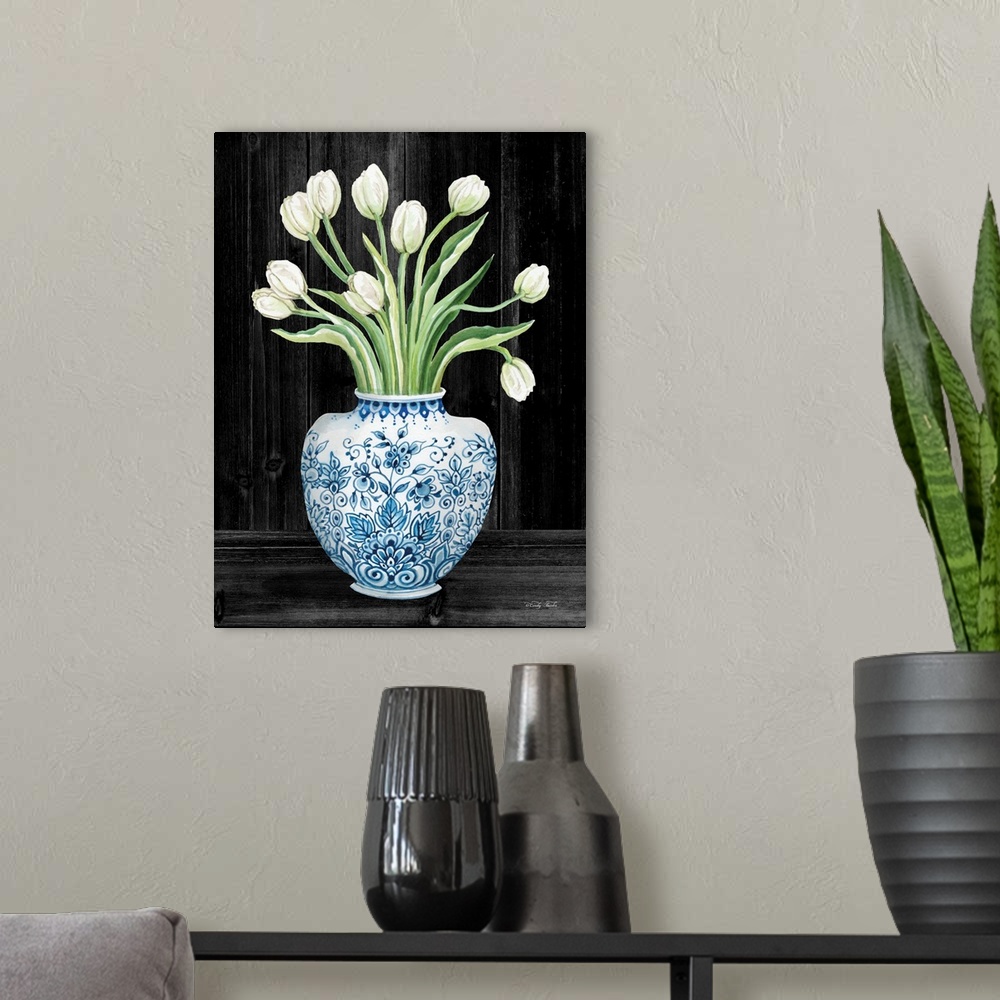 A modern room featuring Blue and White Tulips Black I
