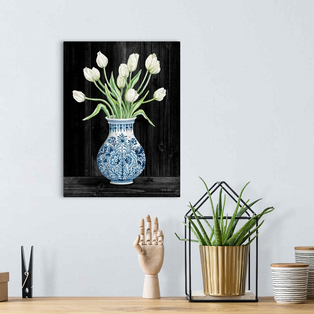 A bohemian room featuring Blue and White Tulips Black II